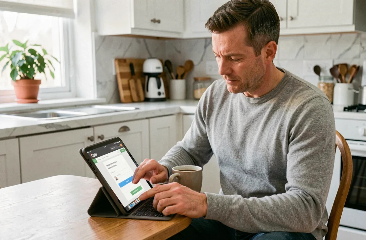 Homme consultant les offres d'emploi en recherche simple sur une tablette depuis sa cuisine à domicile