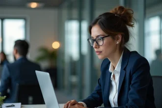 Femme professionnelle devant un écran d'ordinateur affichant un formulaire de réinitialisation de mot de passe sur l'intranet au bureau