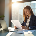 Professionnel d'affaires lisant un document juridique en bureau lumineux