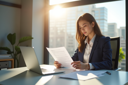 Professionnel d'affaires lisant un document juridique en bureau lumineux