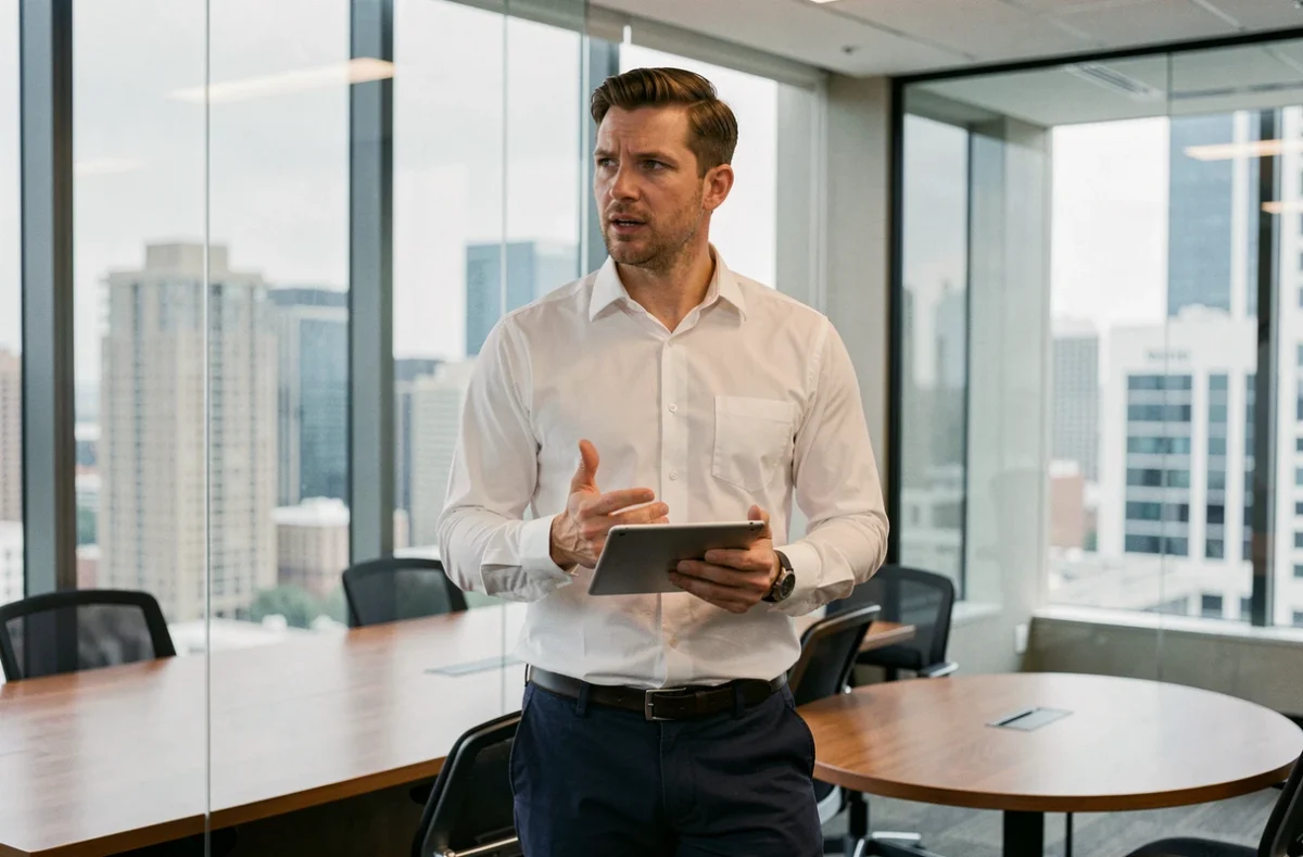 Professionnel en portage salarial présentant ses services dans une salle de réunion d'entreprise moderne