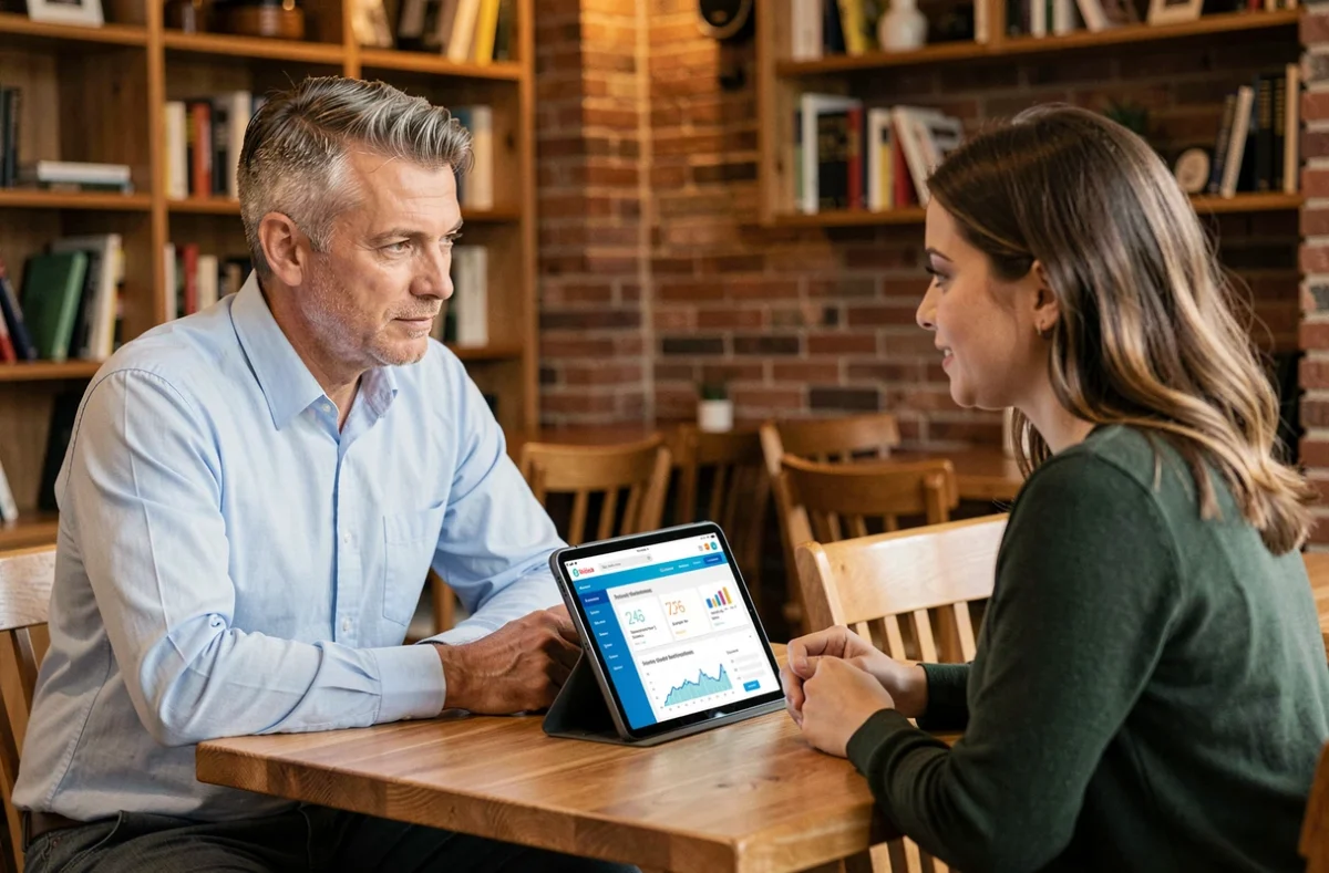 Deux professionnels discutant d'opportunités d'emploi et de formations data autour d'une tablette dans une salle de réunion moderne