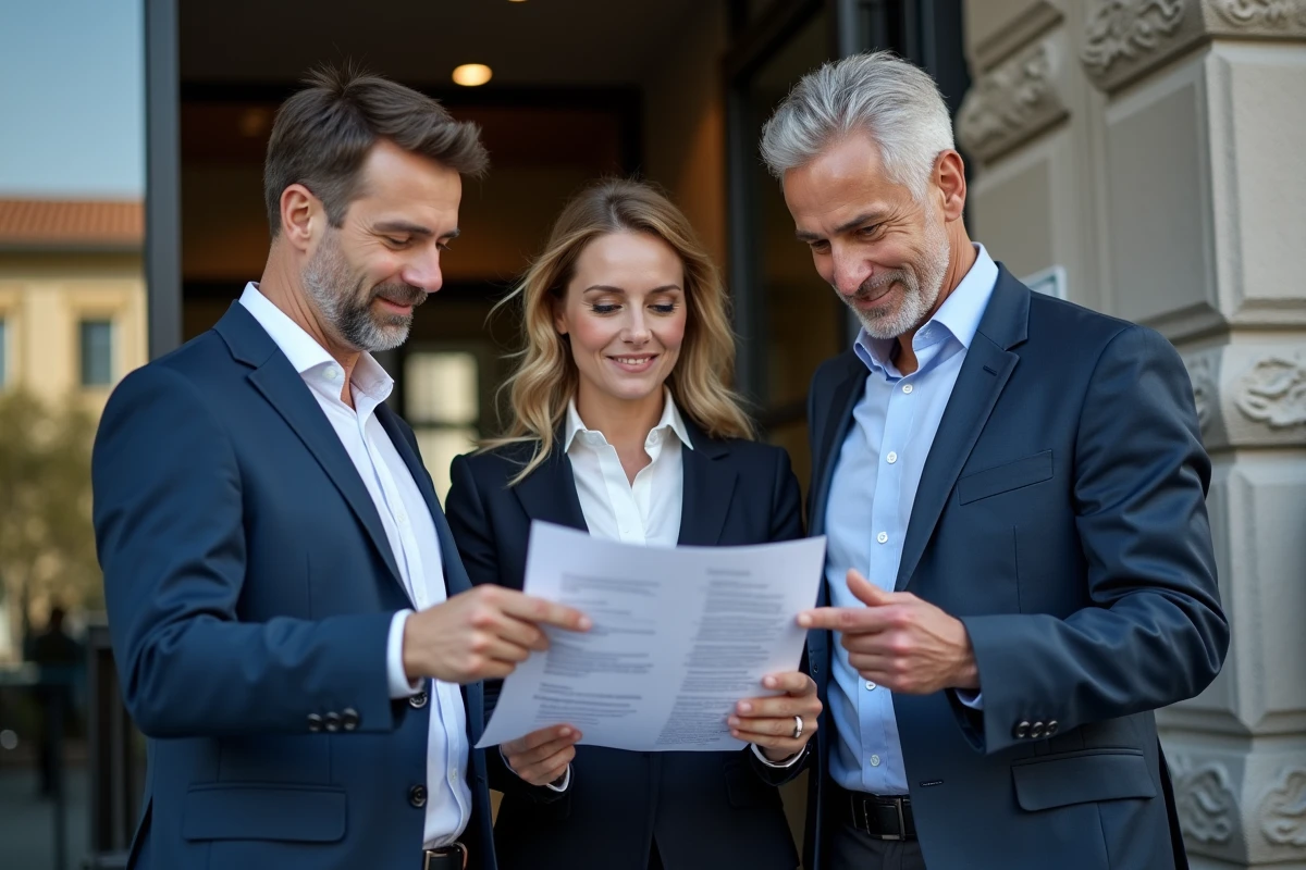 Trois professionnels discutant d un document dans un bâtiment public