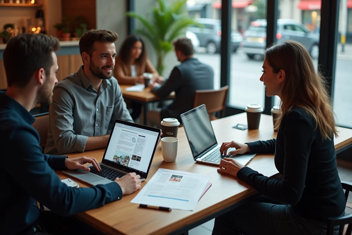 Deux professionnels évaluant ensemble un blog pour entrepreneurs autour d'un café en milieu urbain