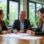 Trois professionnels en réunion dans un bureau moderne