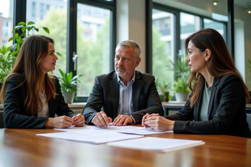 Trois professionnels en réunion dans un bureau moderne