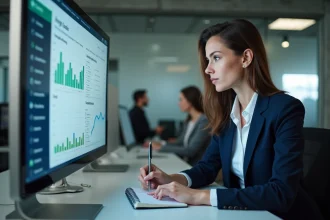 Professionnelle B2B utilisant un tableau de bord CRM multicanal en open space moderne pour optimiser sa prospection commerciale