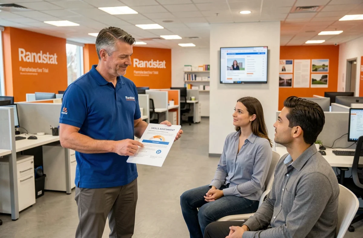Un recruteur Randstad présentant des fiches de compétences à des candidats dans une agence bretonne