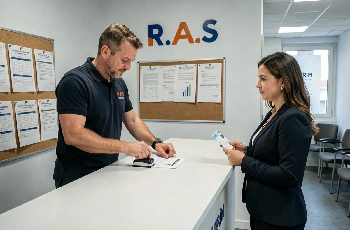 Un conseiller R.A.S Intérim traitant les documents d'une candidate à l'accueil de l'agence