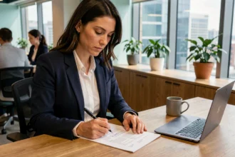Recruteuse professionnelle analysant un CV commercial imprimé dans un bureau moderne, prenant des notes manuscrites