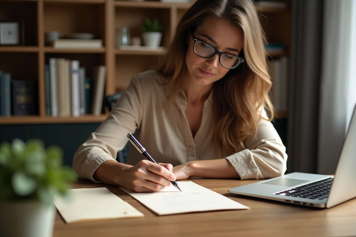 Femme rédigeant une lettre de remerciements manuscrite à son bureau dans un bureau à domicile élégant