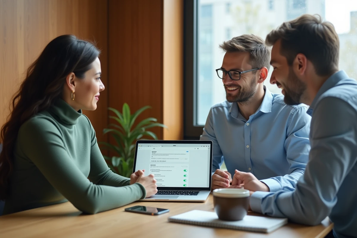 Deux collaborateurs configurant les paramètres de notifications et alertes d'un outil collaboratif en salle de réunion
