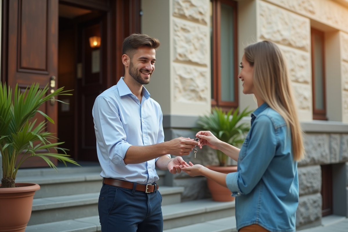 Jeune homme remet des clés à un gestionnaire immobilier
