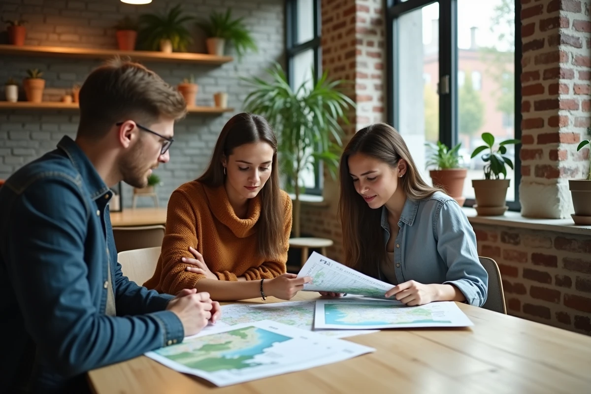 Groupe de jeunes professionnels en environnement collaborant autour de documents dans un espace de travail moderne