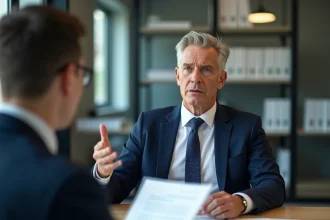 Responsable RH en costume marine discutant d'une procédure disciplinaire avec un salarié dans un bureau d'entreprise moderne