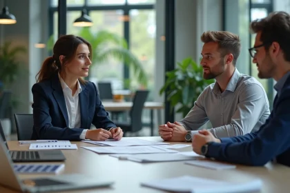 Réunion professionnelle dans une agence marketing moderne avec deux collaborateurs analysant des documents et des maquettes de marque