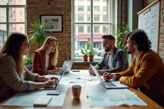 Réunion de membres d'une association de développement commercial planifiant la revitalisation d'un quartier commercial autour d'une table de travail