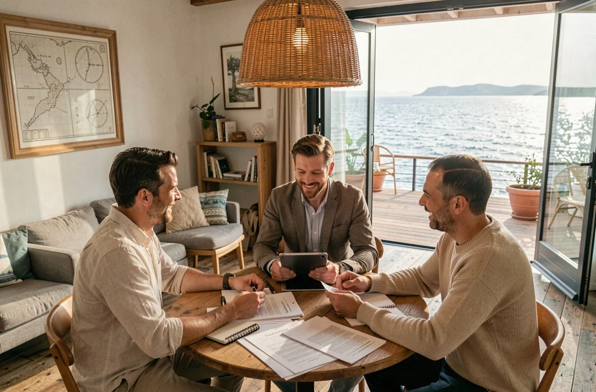 Groupe de professionnels en réunion collaborative dans un coworking face à l'océan à La Baule