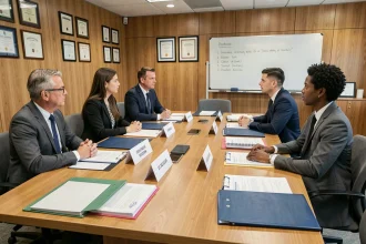 Réunion de commission avec des professionnels autour d'une table de délibération lors d'une séance formelle