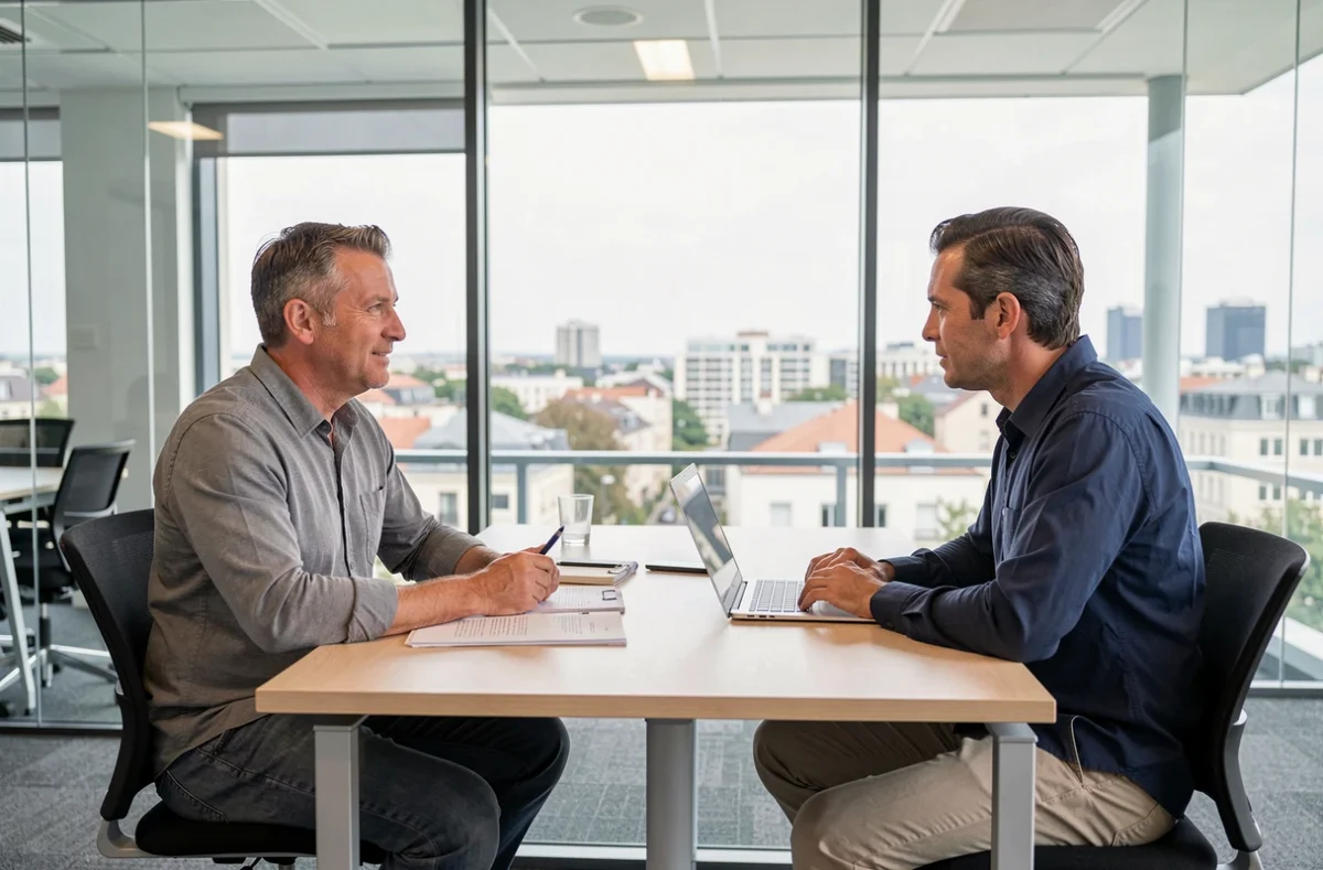 Consultant en portage salarial expliquant les démarches à un freelance dans un bureau professionnel à Orange