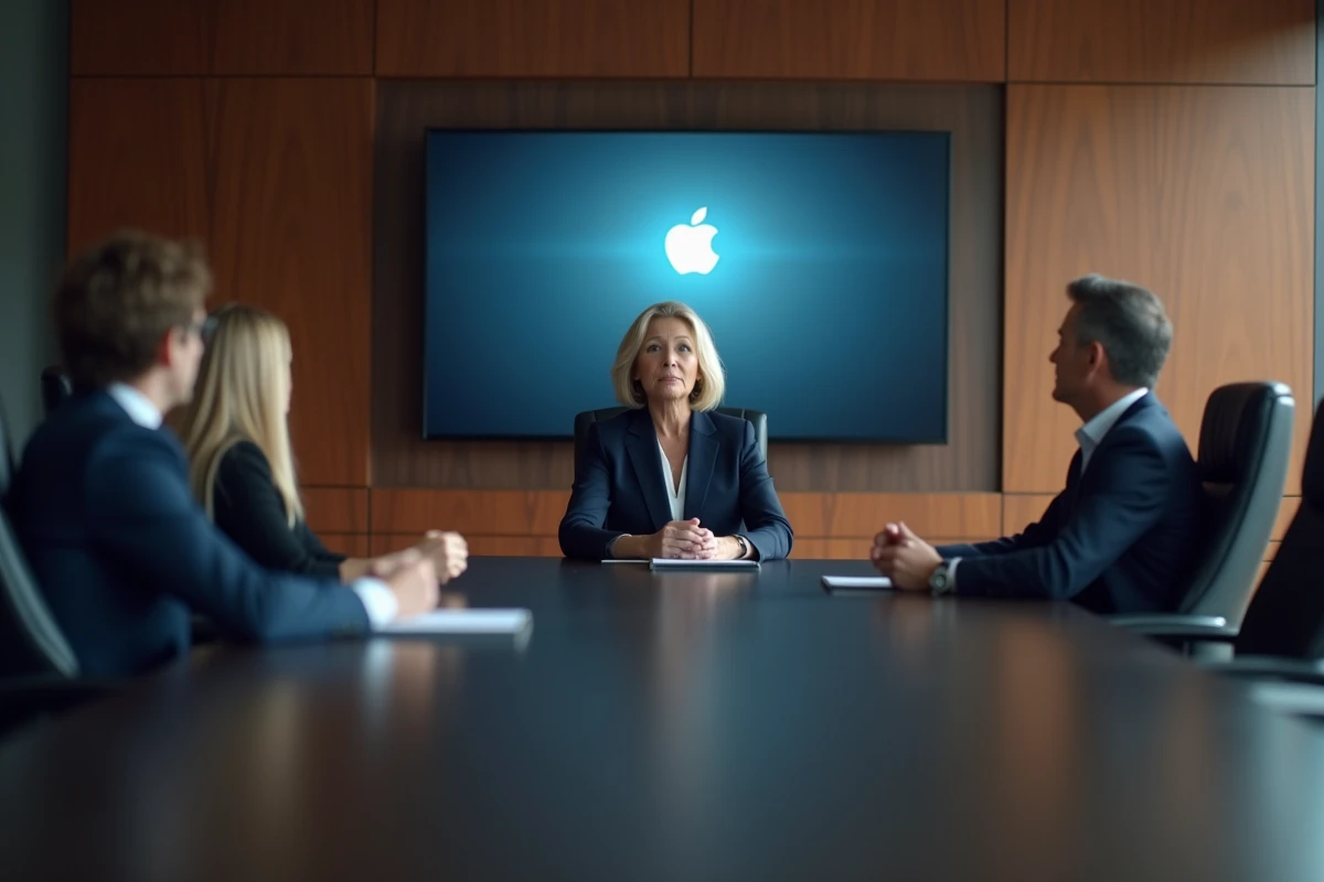 Dirigeante lors d'une réunion exécutive dans une salle de conseil Apple avec présentation en arrière-plan
