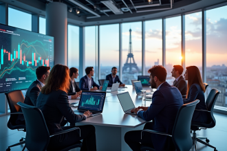 Réunion d'entreprise moderne avec équipe diverse à Paris