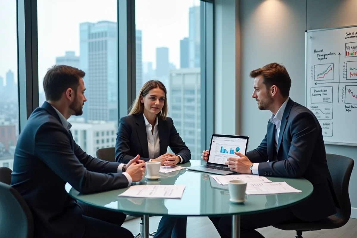Équipe commerciale B2B en réunion analysant des rapports de prospection multicanale et des données de partenariats sur ordinateur portable