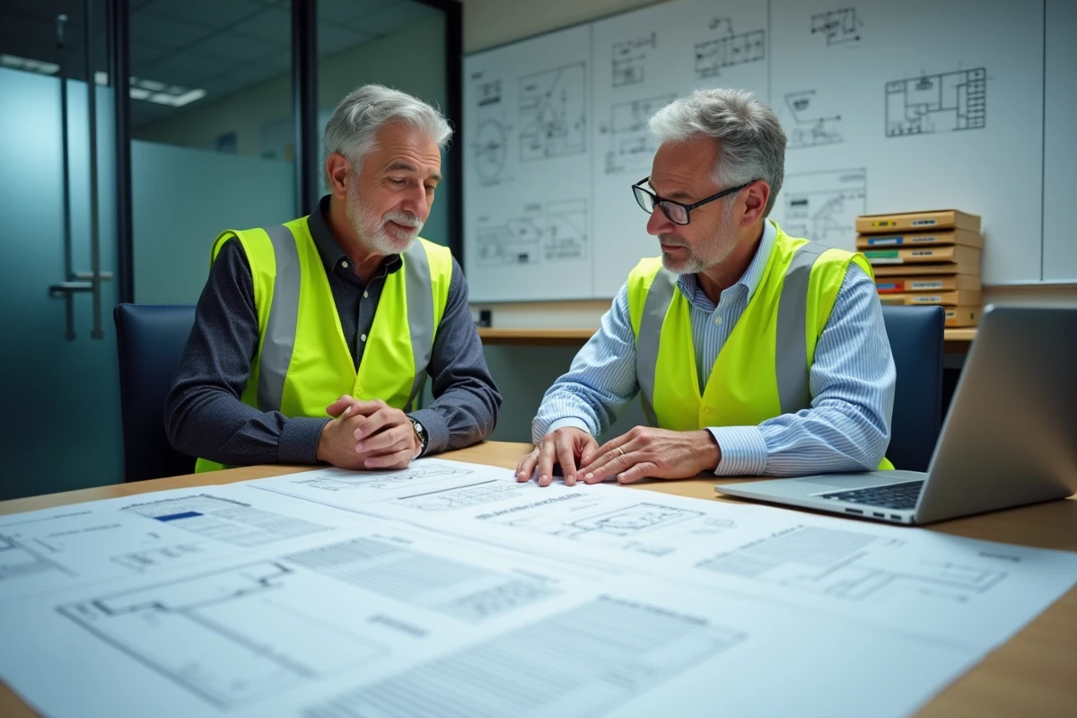 Deux ingénieurs analysant des documents de conformité et dessins techniques lors d'une réunion de dossier de construction