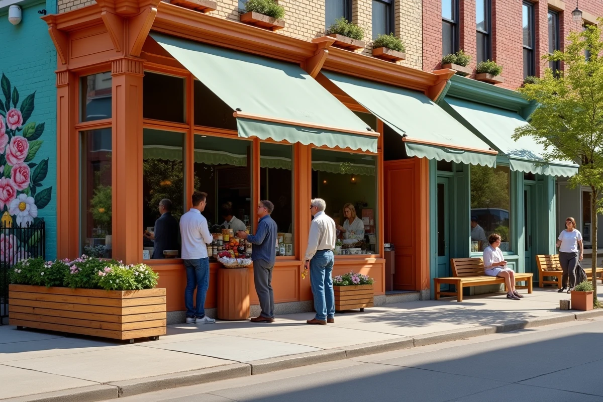 Coin de rue commerciale revitalisée avec devantures rénovées, mobilier urbain et animation locale suite à un plan d'action d'association commerciale
