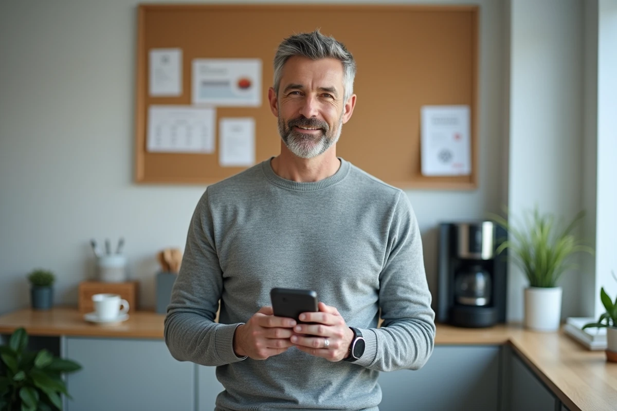 Un employé masculin utilise l'application Mon Compte CSE sur son smartphone dans la salle de pause