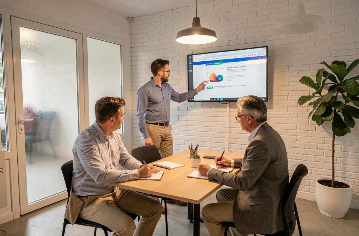 Réunion d'équipe dans une salle de réunion du coworking La Cordée Opéra à Lyon