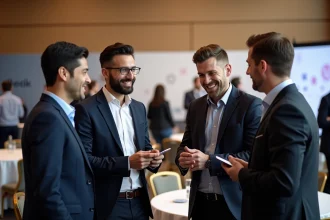 Professionnels échangeant des cartes de visite lors d'un salon B2B en salle de conférence moderne