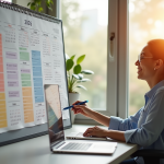 Employe de bureau arrangeant calendrier 2026 ensoleille