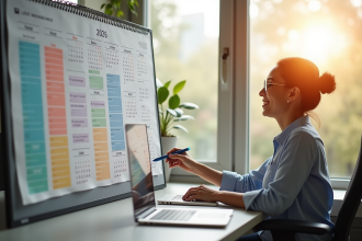 Employe de bureau arrangeant calendrier 2026 ensoleille