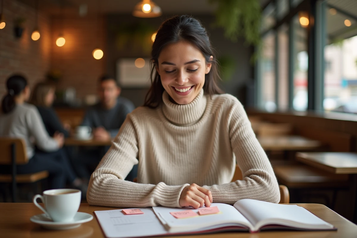 Secrétaire freelance souriante travaillant dans un café, entourée de notes manuscrites pour créer son slogan professionnel