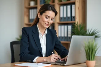 Secrétaire indépendante concentrée à son bureau à domicile, prenant des notes dans un environnement de travail moderne et organisé