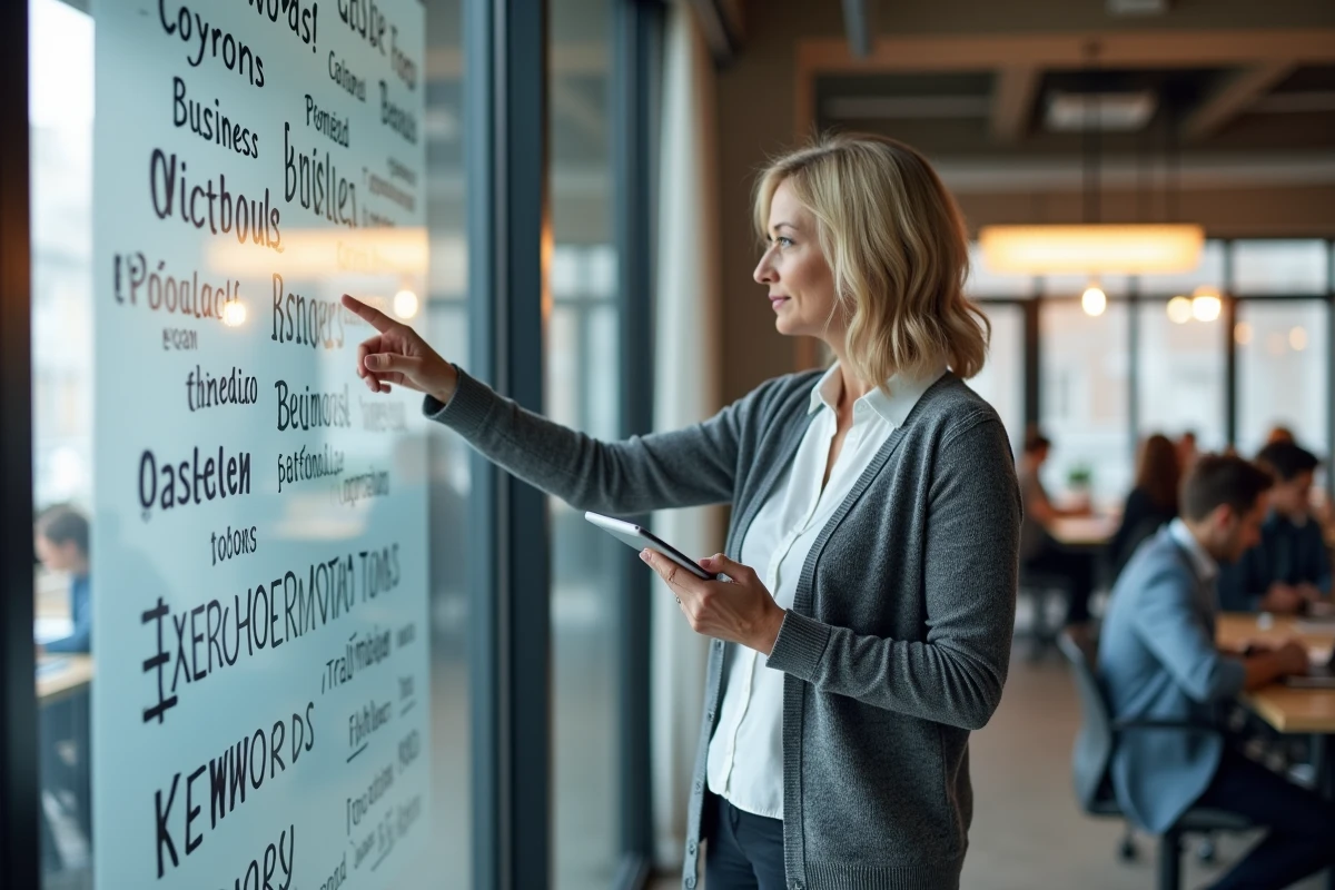 Assistante indépendante présentant des idées de slogans sur un tableau blanc dans un espace de coworking moderne