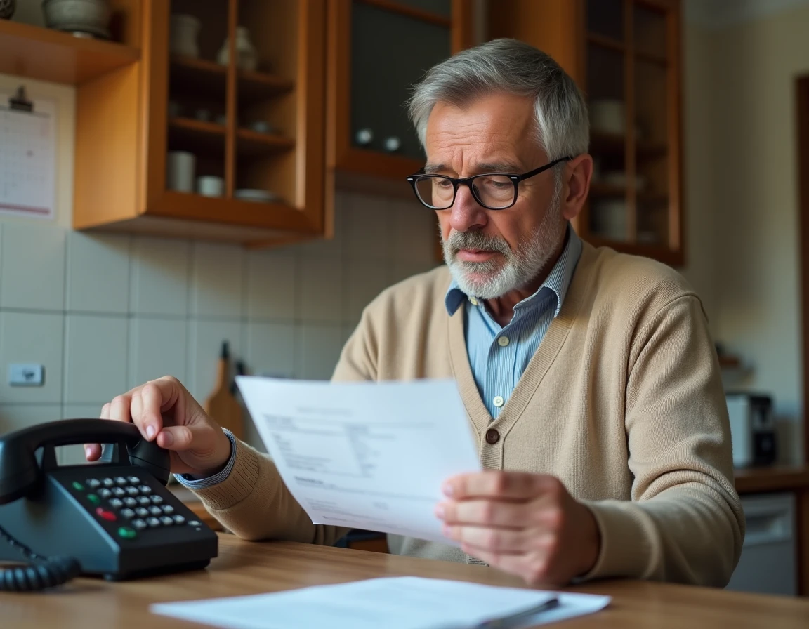 Senior utilisant un téléphone fixe pour contacter le service client France Télécom avec une facture à la main