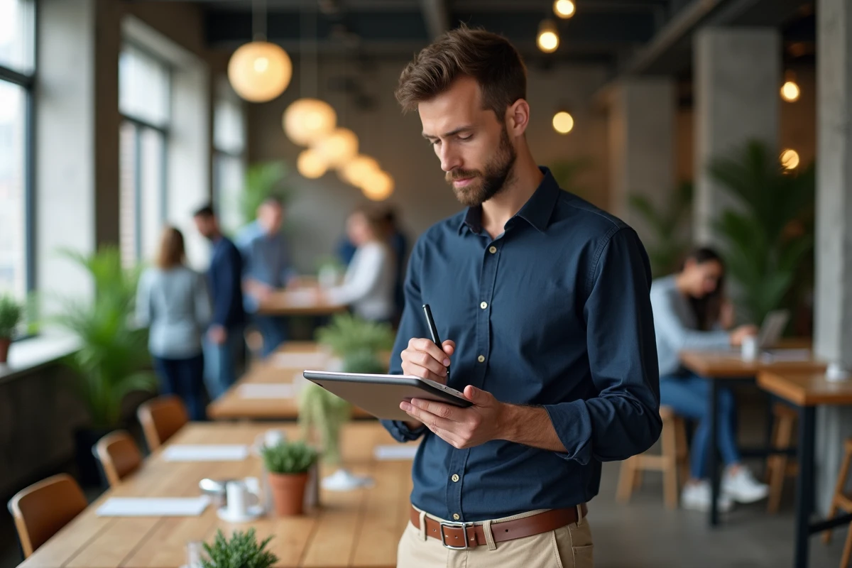 Solopreneur masculin dans un espace de coworking analysant son activité indépendante, évoquant les solutions administratives pour travailleurs indépendants comme POP STARTUP