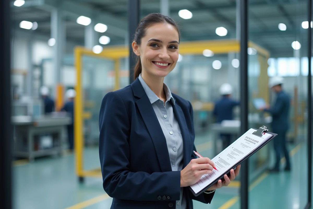 Spécialiste assurance qualité annotant une check-list de conformité en environnement industriel