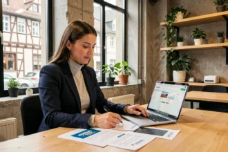 Entrepreneur alsacienne en blazer marine travaillant sur sa startup dans un espace de coworking à Strasbourg avec des facades à colombages visibles en arrière-plan