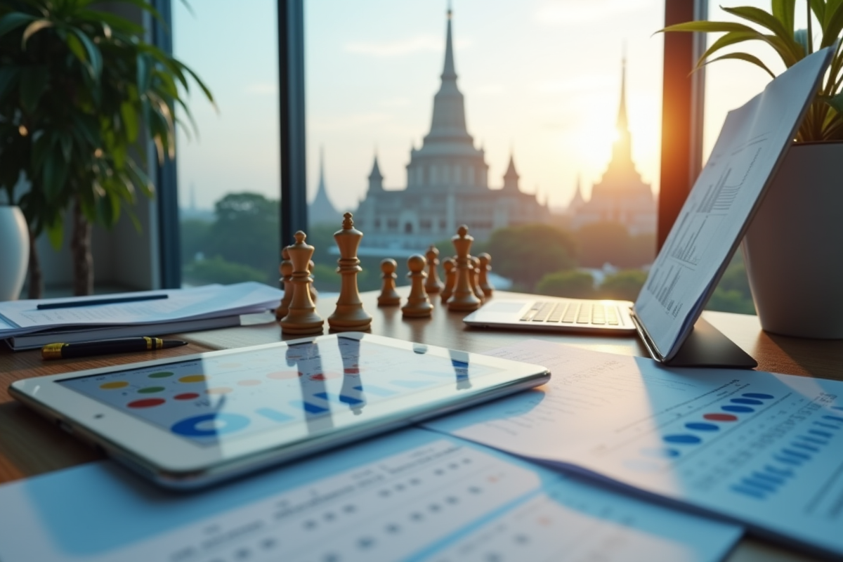 Concept SEO avec notes, tablette et monuments de Chiang Mai