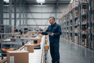 Superviseur en warehouse observant robots autonomes