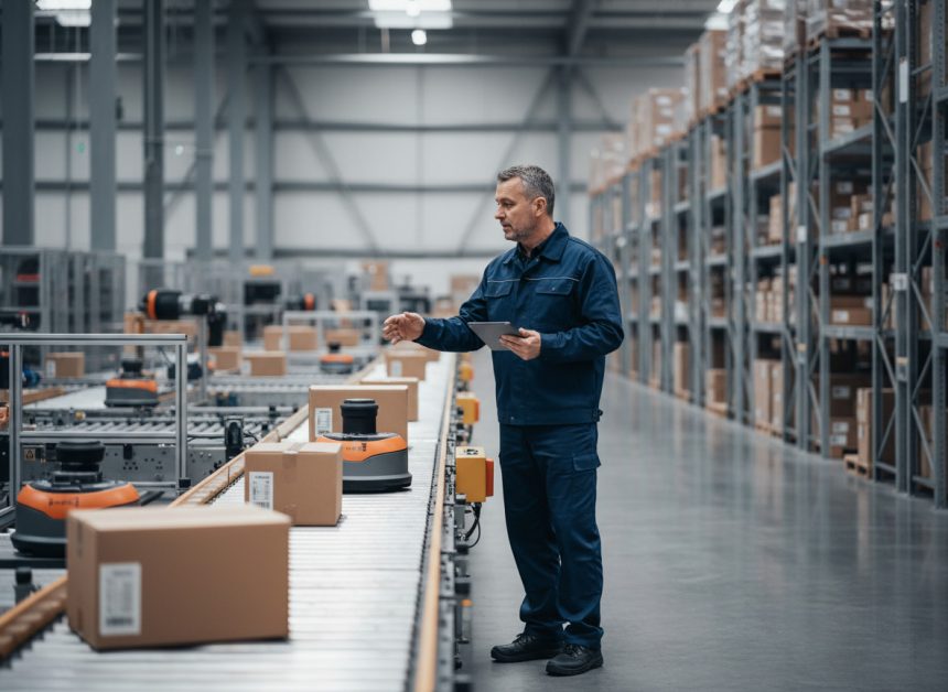 Superviseur en warehouse observant robots autonomes