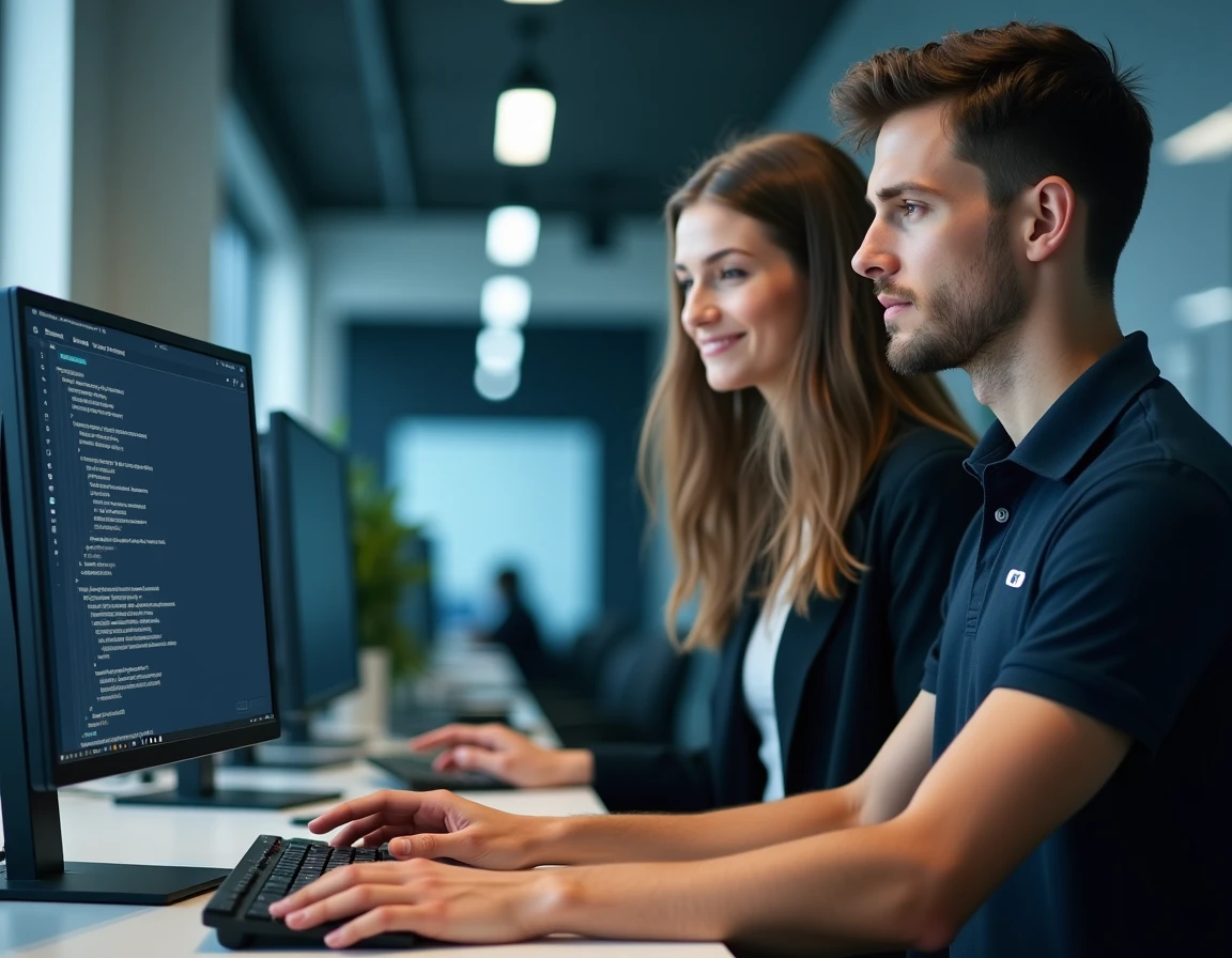 Technicien informatique aidant une collègue à résoudre un problème de mot de passe sur l'intranet d'entreprise au service d'assistance