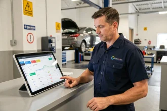Technicien de contrôle technique consultant le tableau de bord de l'espace affilié Sécuritest sur une tablette