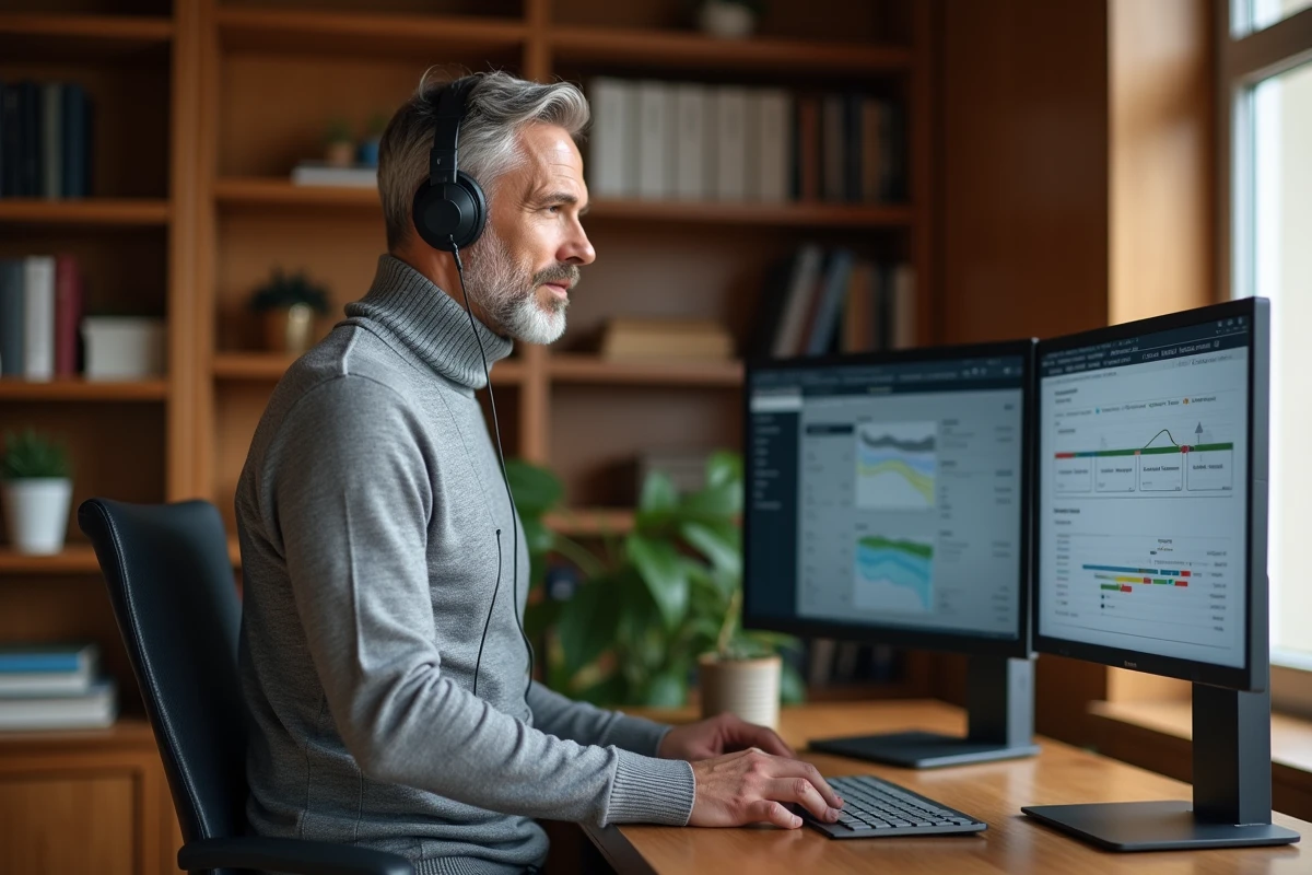Entrepreneur en télétravail gérant sa prospection B2B multicanale depuis un bureau à domicile professionnel avec double écran