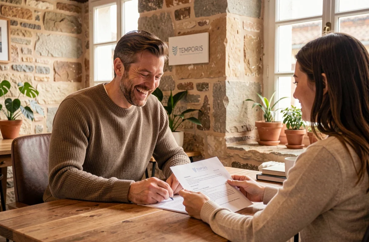 Un conseiller Temporis en discussion conviviale avec une candidate dans une agence au décor breton