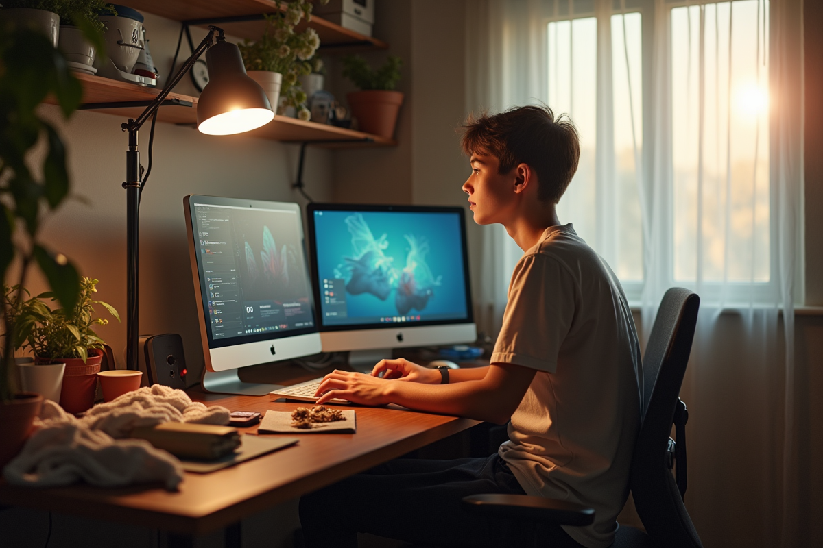 Employe seul avec deux ecrans et distractions a la maison