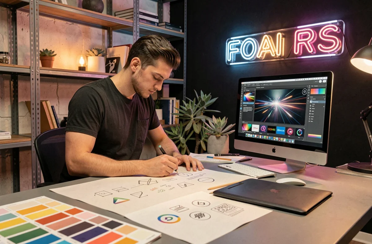 Directeur artistique de l'agence Unaniime Studio esquissant des concepts d'identité de marque dans un studio créatif et digital à Toulouse